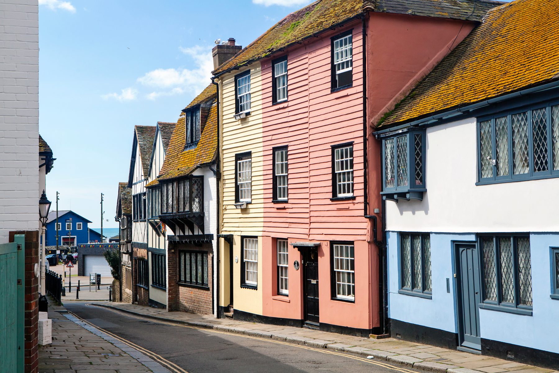 Colourful clapboard houses on a Hastings Old Town street